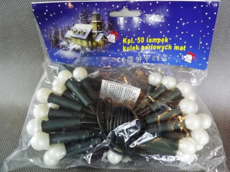 Komplet 50 Białych Lampek-Kulek Perłowych Na Zielonym Kablu 220V-240V, 3m Długości, Do Użytku Wewnętrznego