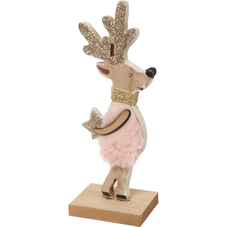 Różowy Renifer - Drewniana Figurka Z Futerkiem I Cekinami 16x6 cm