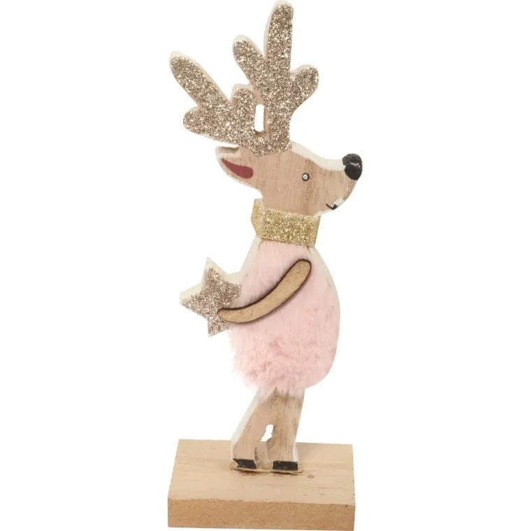 Różowy Renifer - Drewniana Figurka Z Futerkiem I Cekinami 16x6 cm
