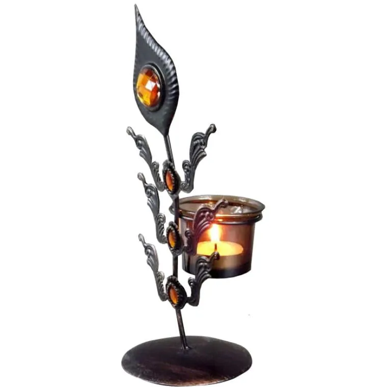 Świecznik Metalowy Z Szklanymi Elementami I Kieliszkiem Na Świeczkę 25x10 cm