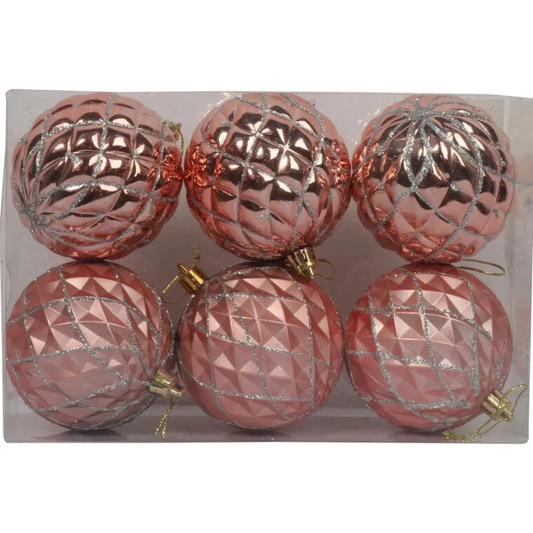 Bombki Bożonarodzeniowe Z Brokatowym Dekorem, Plastikowe, 6 Sztuk, 8 cm - Różowe