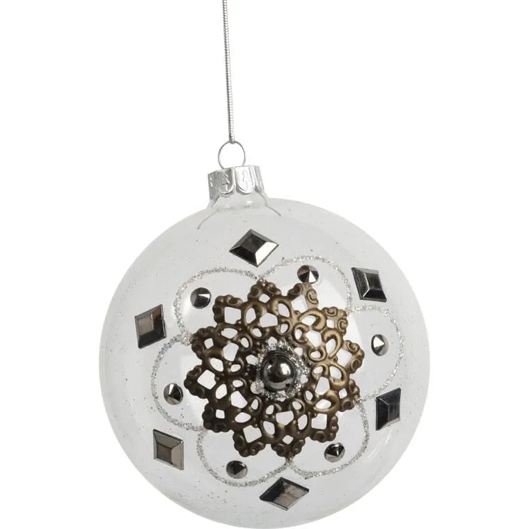 Elegancka Szklana Bombka Świąteczna Z Metalowym Dekorem - 10 cm, Przezroczysta