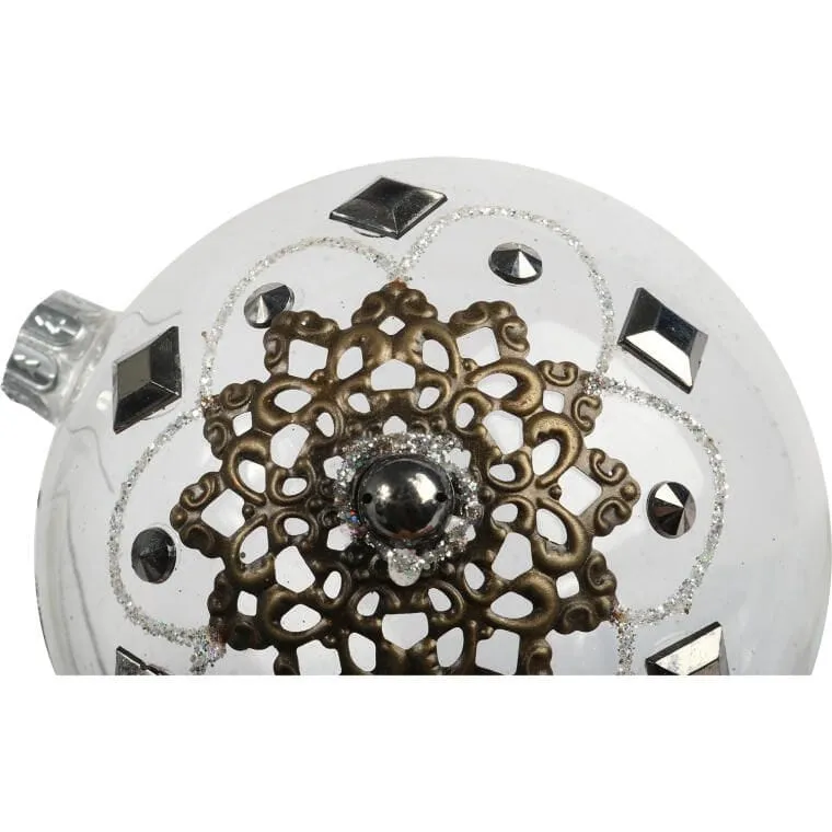 Elegancka Szklana Bombka Świąteczna Z Metalowym Dekorem - 10 cm, Przezroczysta