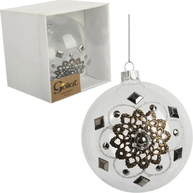 Elegancka Szklana Bombka Świąteczna Z Metalowym Dekorem - 10 cm, Przezroczysta