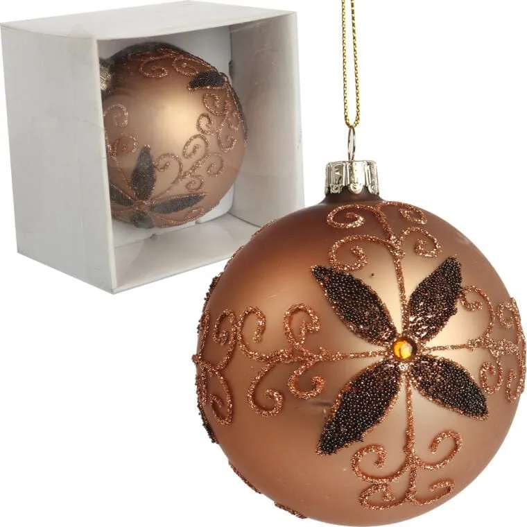 Elegancka Bombka Szklana Z Brokatowym Dekorem, Kolor Brązowy, 8 cm