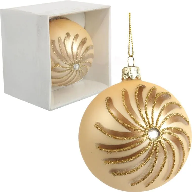 Elegancka Bombka Świąteczna Ze Szklana Z Brokatowym Dekorem Koloru Kremowego - 8 cm