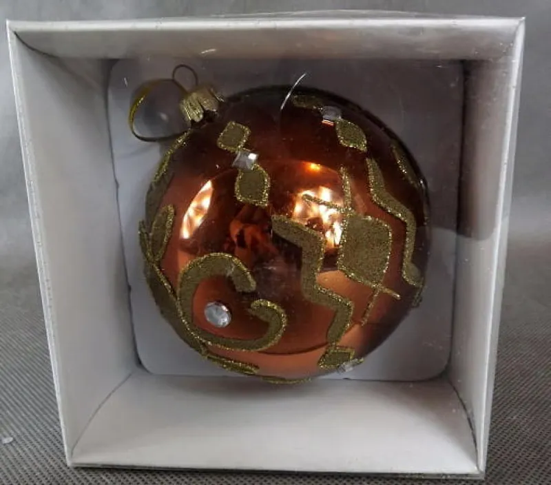 Bombka Szklana 9cm - Rudy Kolor Z Brązowo-Złotą Dekoracją I Szkiełkami