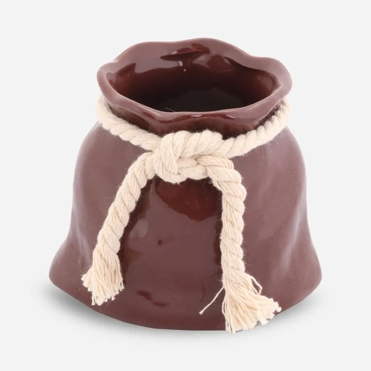 Ceramiczny Mini Wazon W Kształcie Sakiewki - Brązowy