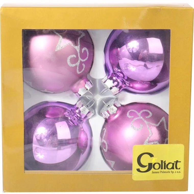 Komplet 4 Eleganckie Bombki Szklane 8cm W Kolorze Fioletowym - Dwie Matowe, Dwie Dekorowane