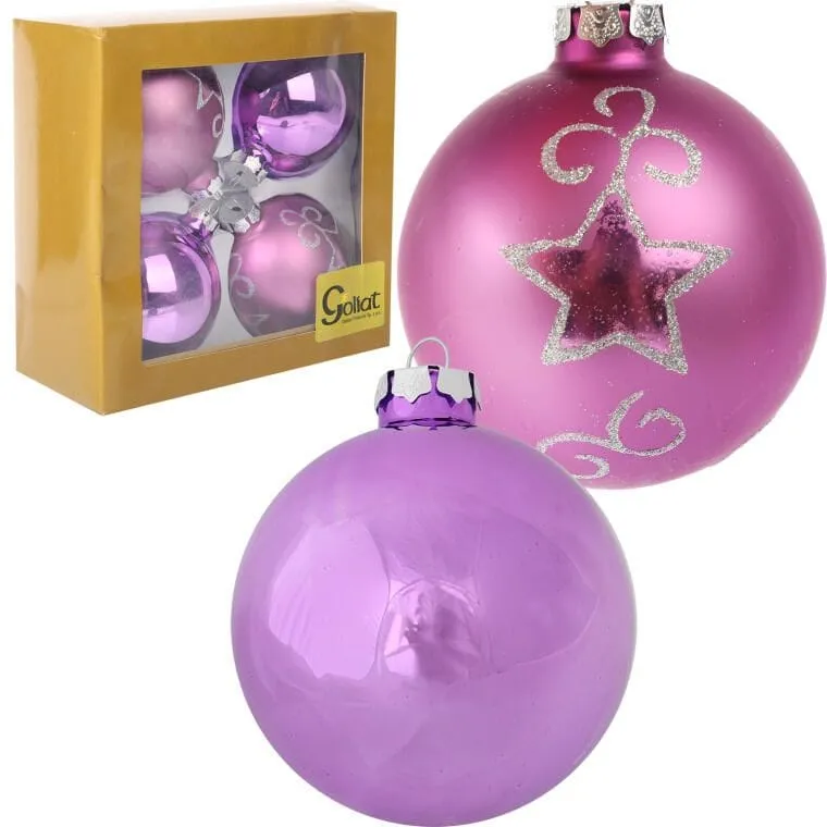 Komplet 4 Eleganckie Bombki Szklane 8cm W Kolorze Fioletowym - Dwie Matowe, Dwie Dekorowane