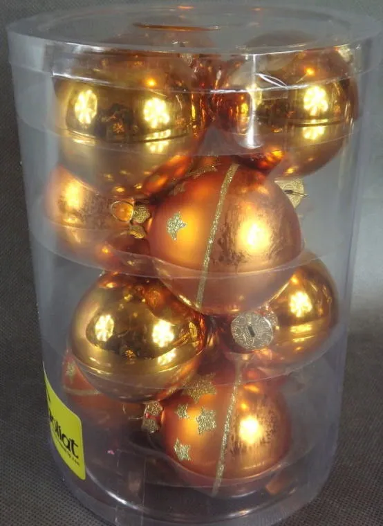 Komplet 12 Szklanych Bombek Świątecznych W Kolorze Rudy, 60mm W Boksie PVC