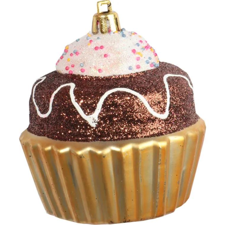 Zestaw 4 Bombek Bożonarodzeniowych Muffinki Czekoladowe Z Brokatem, 8 cm, Plastikowe