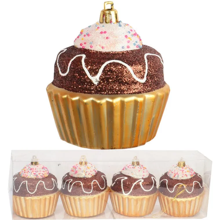 Zestaw 4 Bombek Bożonarodzeniowych Muffinki Czekoladowe Z Brokatem, 8 cm, Plastikowe