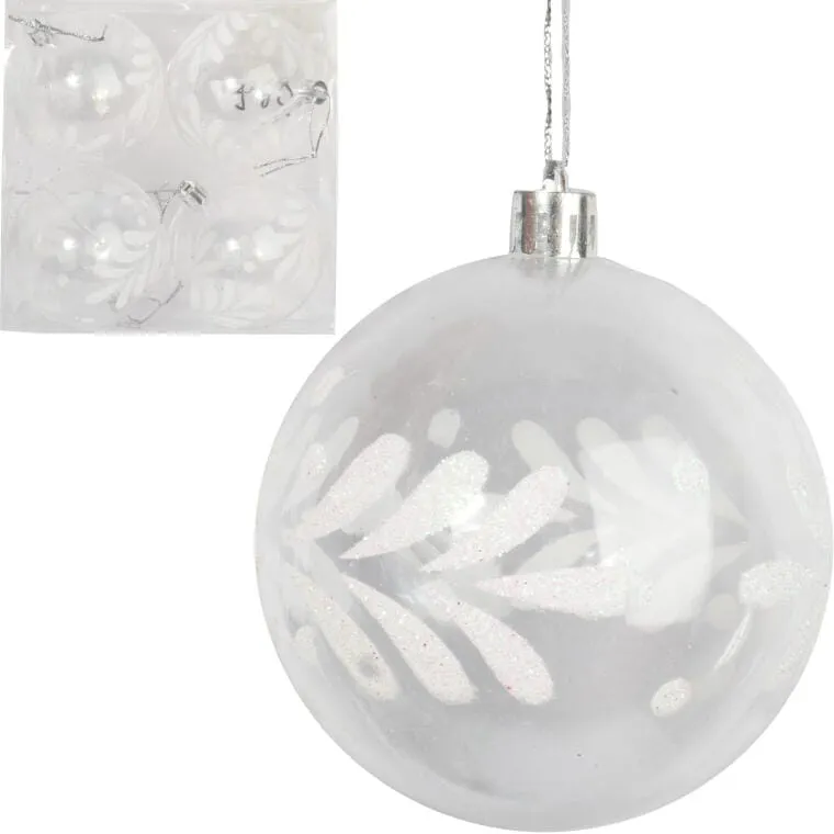 Zestaw 4 Przezroczystych Bombek Plastikowych Z Białym Dekorem Śniegu, 8 cm