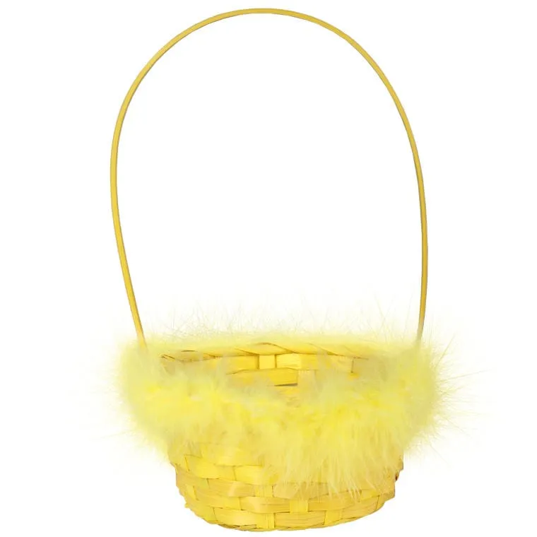 Elegancki Koszyk Wielkanocny Do Święconki Z Piórkowym Obrzeżem 17 cm - Żółty