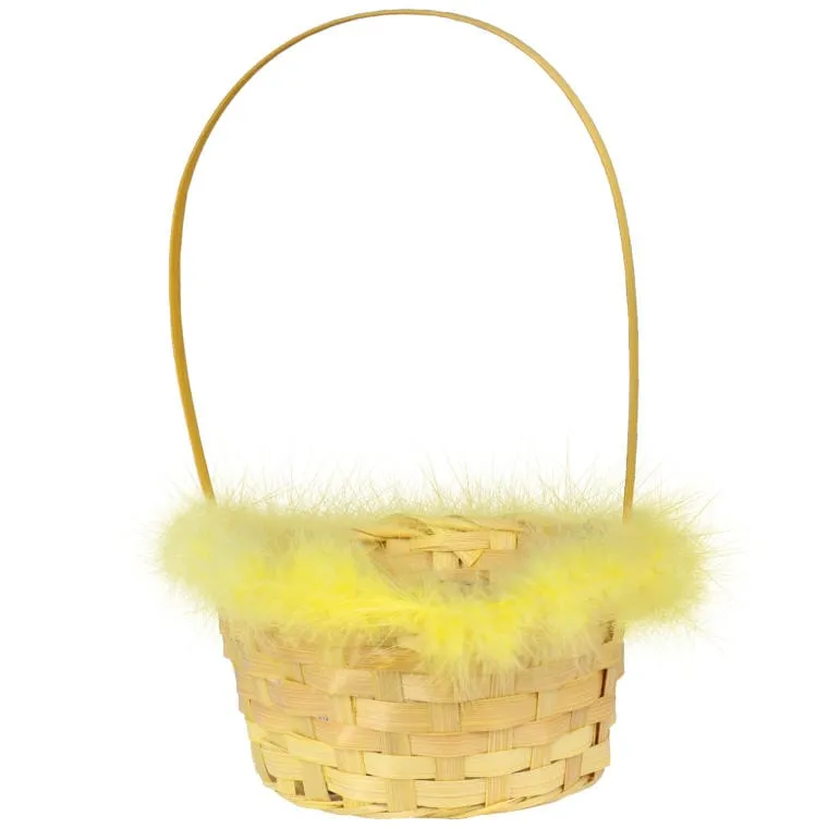 Elegancki Koszyk Wielkanocny Do Święconki Z Pałąkiem I Piórkowym Obrzeżem 20 cm - Żółty
