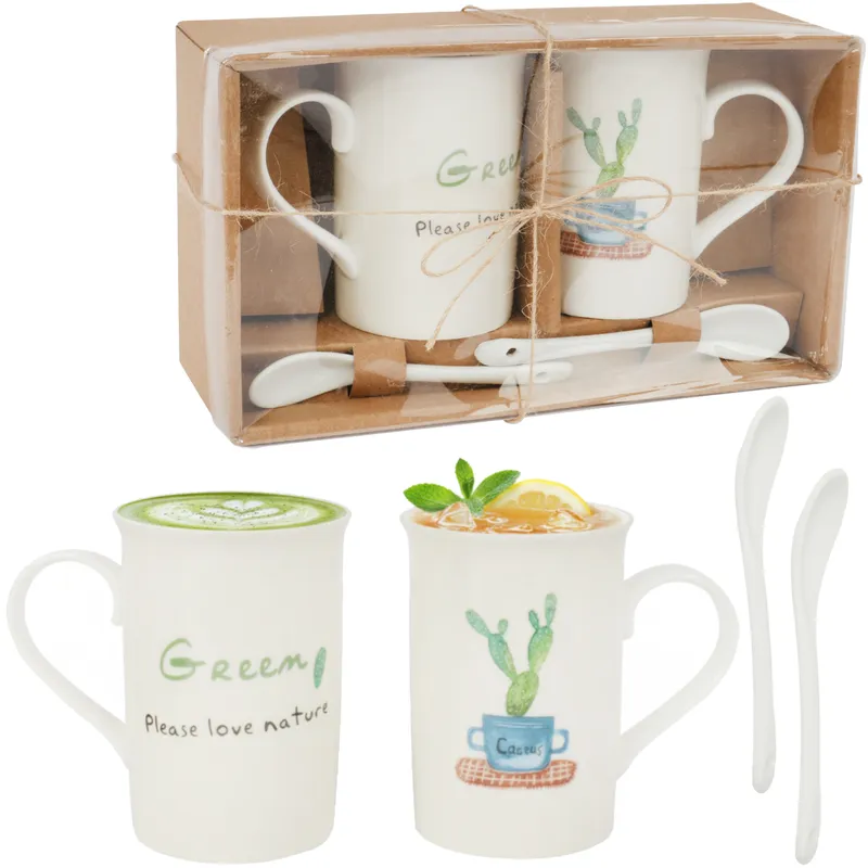 Zestaw Prezentowy Love Nature: 2 Kubki Ceramiczne Z Łyżeczkami W Motywie Kaktusa