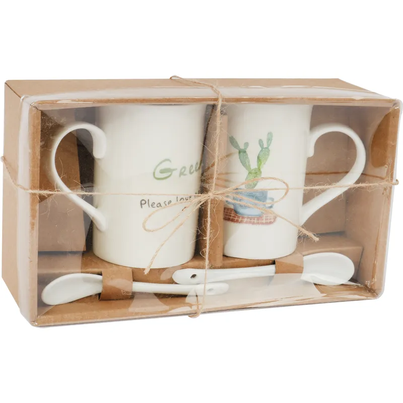 Zestaw Prezentowy Love Nature: 2 Kubki Ceramiczne Z Łyżeczkami W Motywie Kaktusa