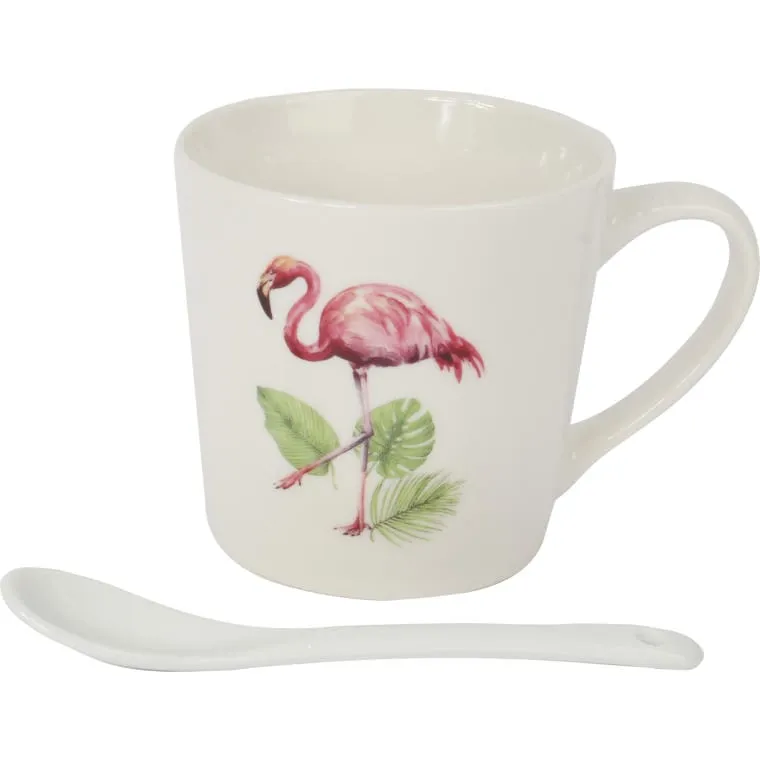 Zestaw Prezentowy Kubek I Łyżeczka Ceramiczna We Flamingi Z Liśćmi