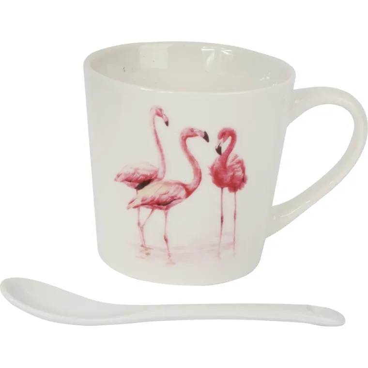 Zestaw Prezentowy Kubek I Łyżeczka Ceramiczna We Flamingi