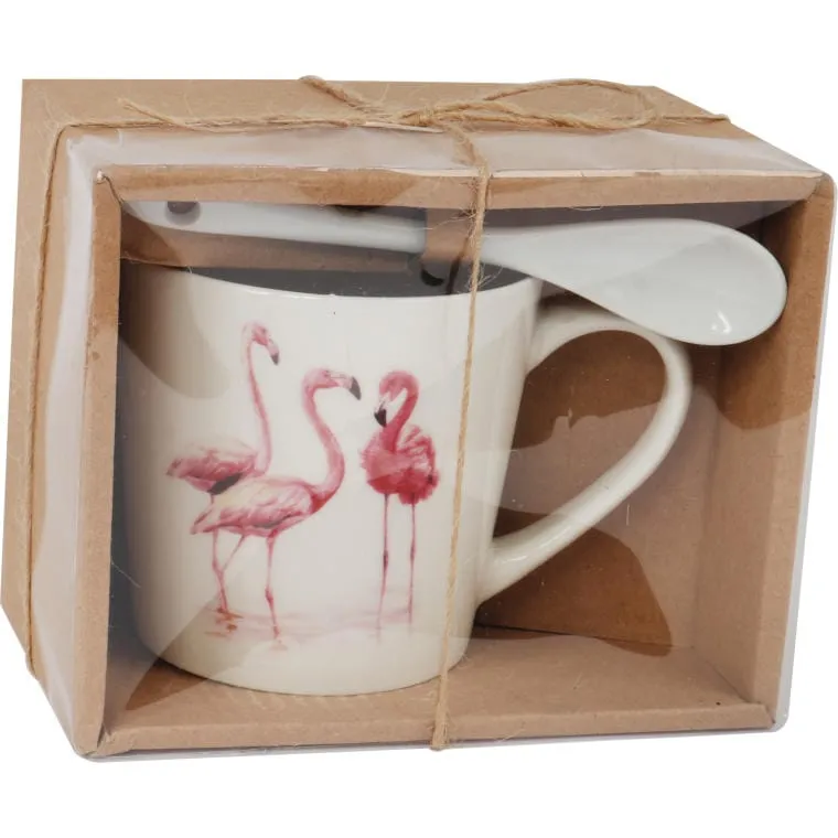 Zestaw Prezentowy Kubek I Łyżeczka Ceramiczna We Flamingi