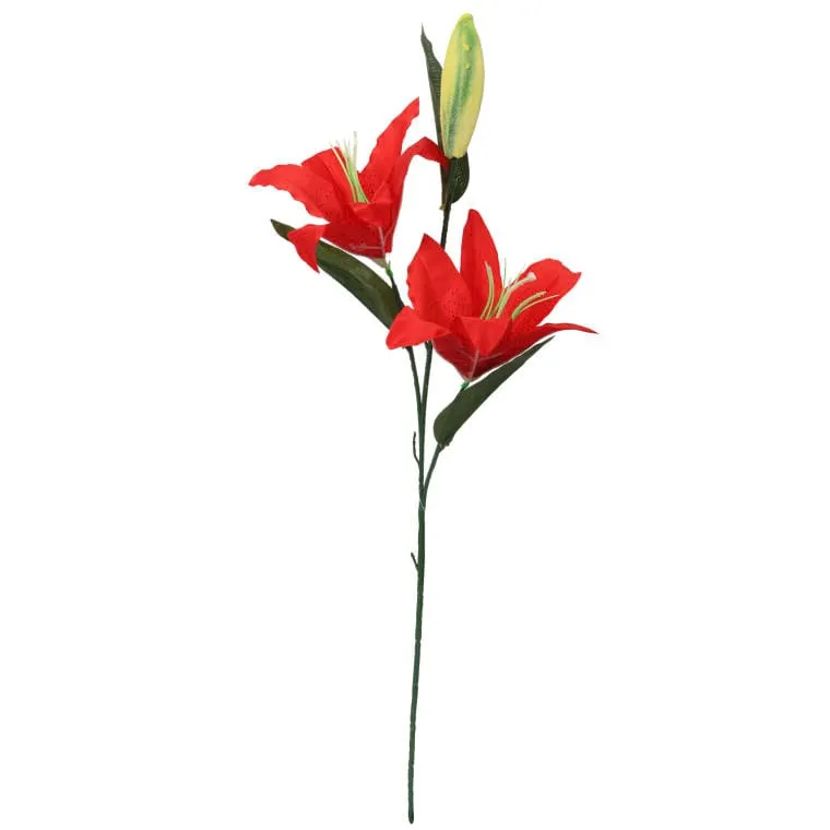 Czerwona Sztuczna Gałązka Z Dwoma Liliami I Pąkiem - 75 cm