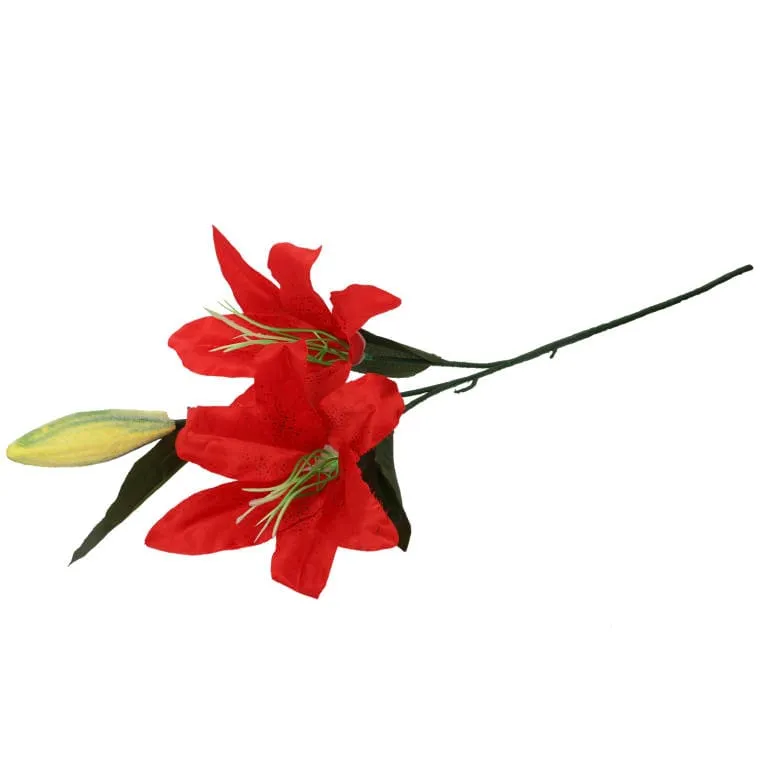 Czerwona Sztuczna Gałązka Z Dwoma Liliami I Pąkiem - 75 cm
