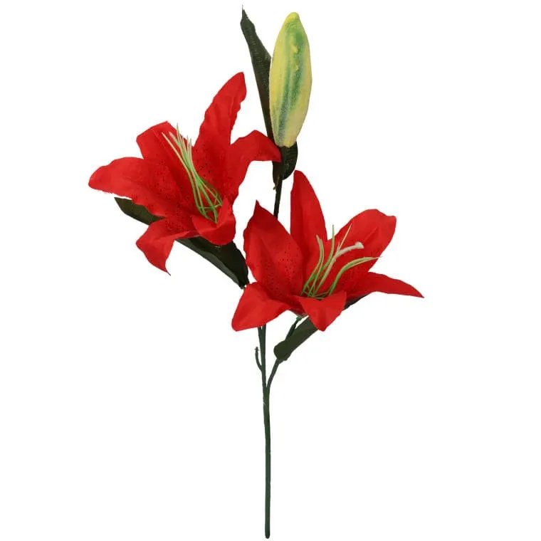 Czerwona Sztuczna Gałązka Z Dwoma Liliami I Pąkiem - 75 cm