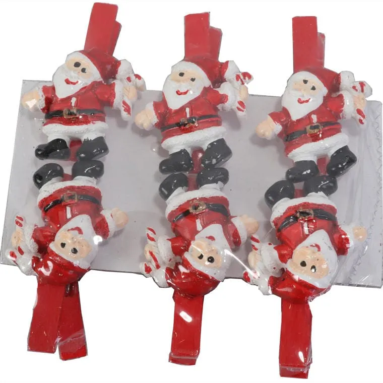 Czerwone Klamerki Świąteczne Z Figurką Mikołaja, 5 cm - Zestaw 6 Sztuk