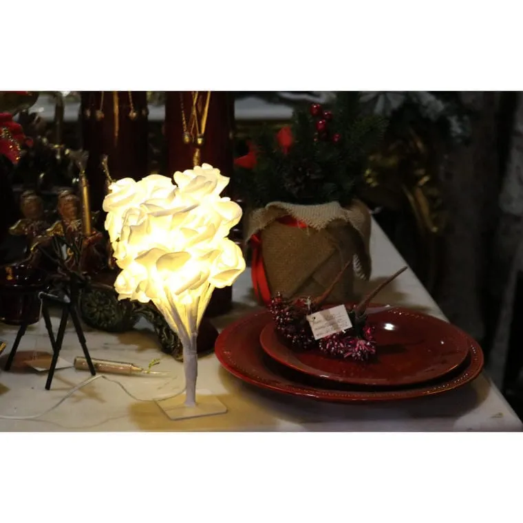 Drzewko Dekoracyjne Z Różami LED Do Użytku Wewnętrznego - 26 cm, Białe, Zasilane Na Baterie 3AA