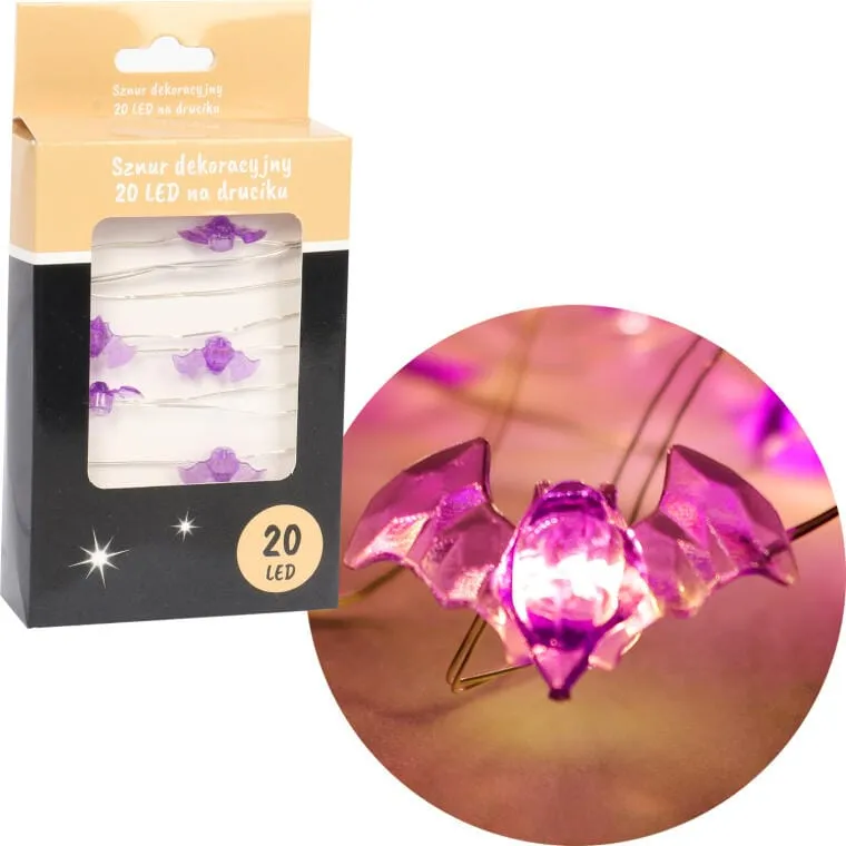 Lampki LED Z Nietoperzami Na Giętkim Druciku - Fioletowe Dekoracje Na Baterie