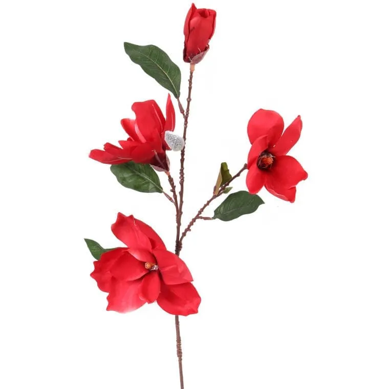 Gałązka Z 4 Sztucznymi Magnoliami O Długości 78 cm - Czerwona