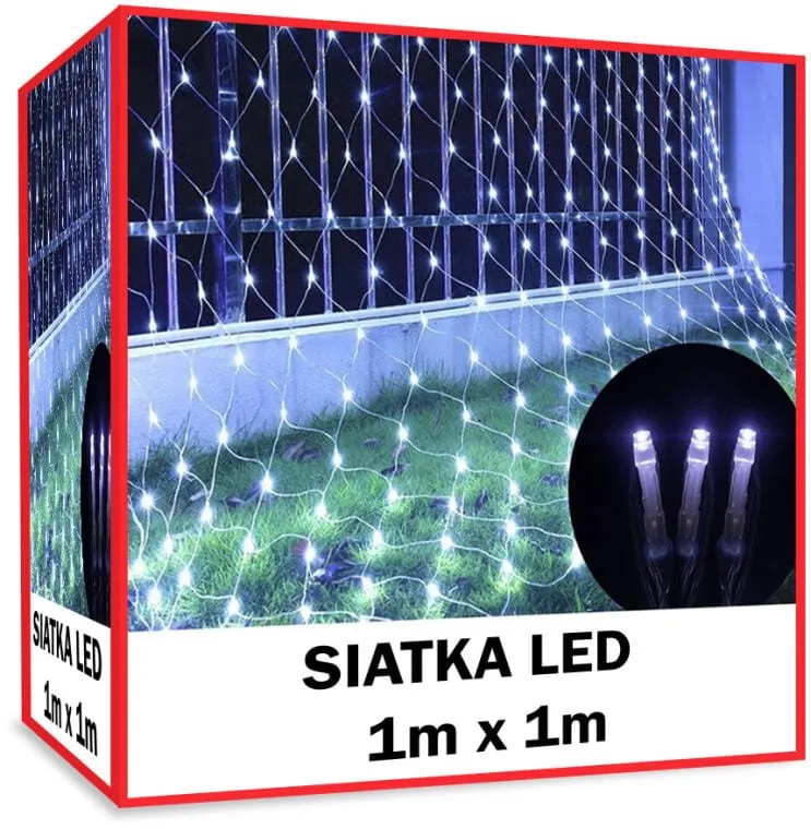 Kurtyna Świetlna LED 1x1m Do Dekoracji Zewnętrznej, Światło Zimne Białe, Odporna Na Warunki Atmosferyczne, 64 Diody, Kabel Zielony