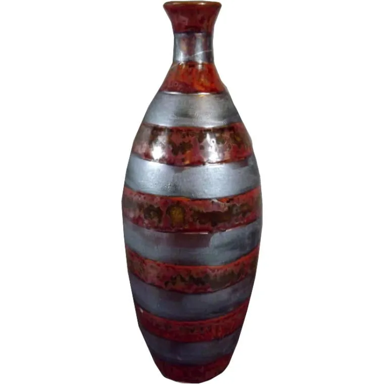 Elegancki Kamienisty Wazon W Pasy W Kolorze Ceglasto Popielatym, 28x11cm