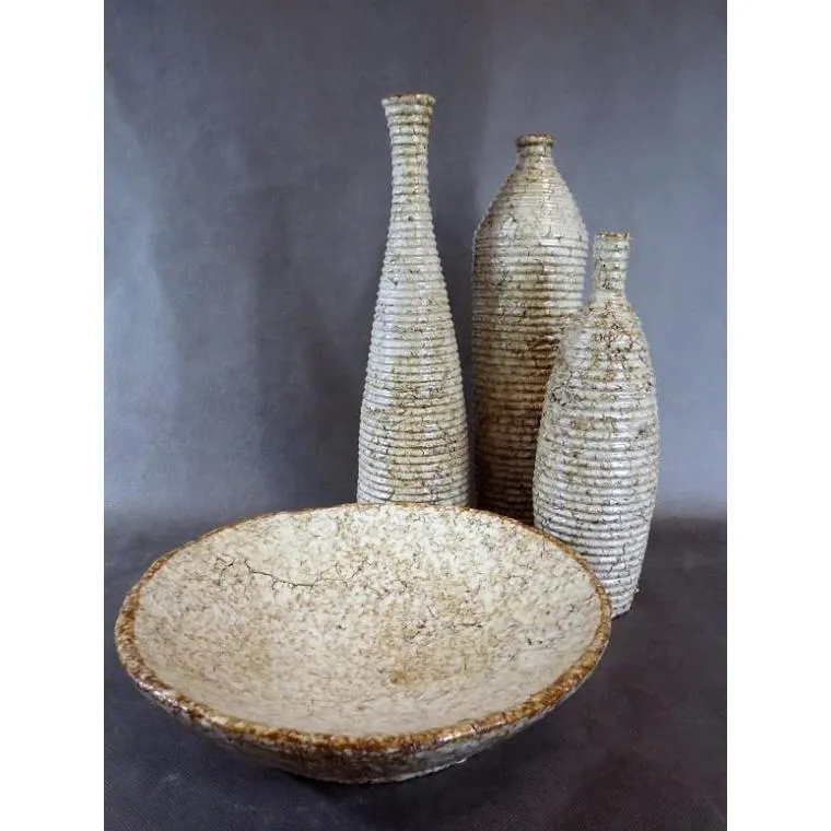Talerz Dekoracyjny Kamienny Popękany W Prążki 30x8cm - Kremowy