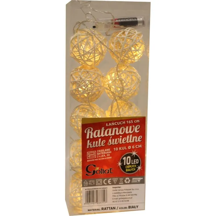 Świetlne Kule Ratanowe 10 LED O Średnicy 6 cm, Zasilane Na Baterie, Ciepłe Światło, Z Transparentnym Przewodem 165 cm - Białe