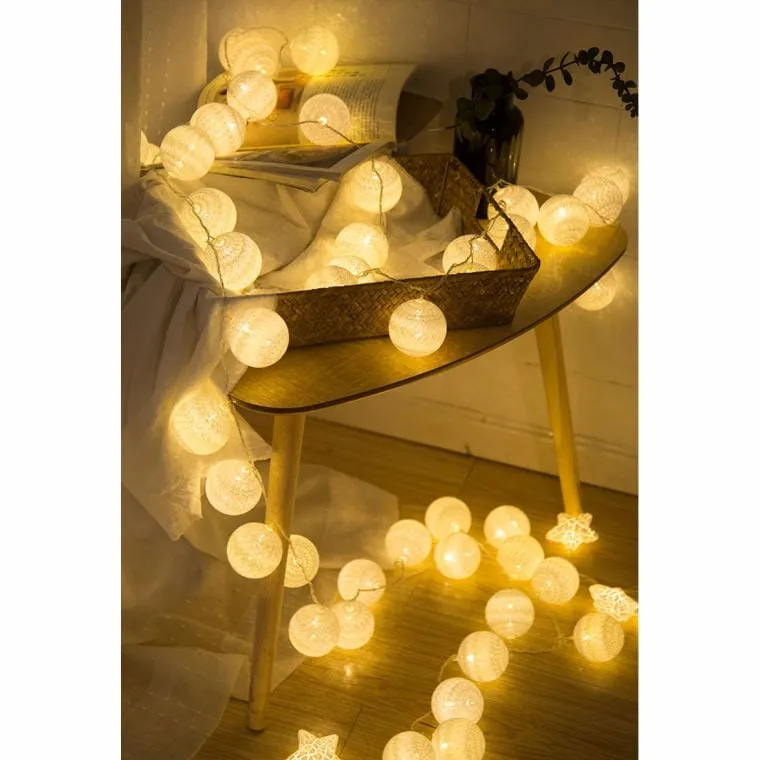 10 Bawełnianych Kul Świetlnych LED 6 cm, Różowo-Białe, Z Bateriami, Ciepłe Białe Światło