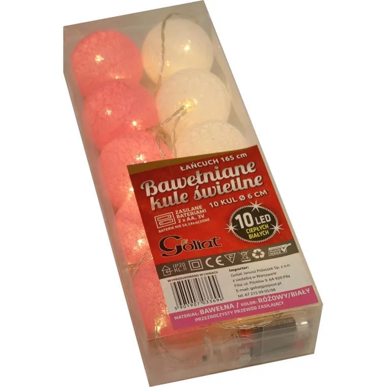 10 Bawełnianych Kul Świetlnych LED 6 cm, Różowo-Białe, Z Bateriami, Ciepłe Białe Światło