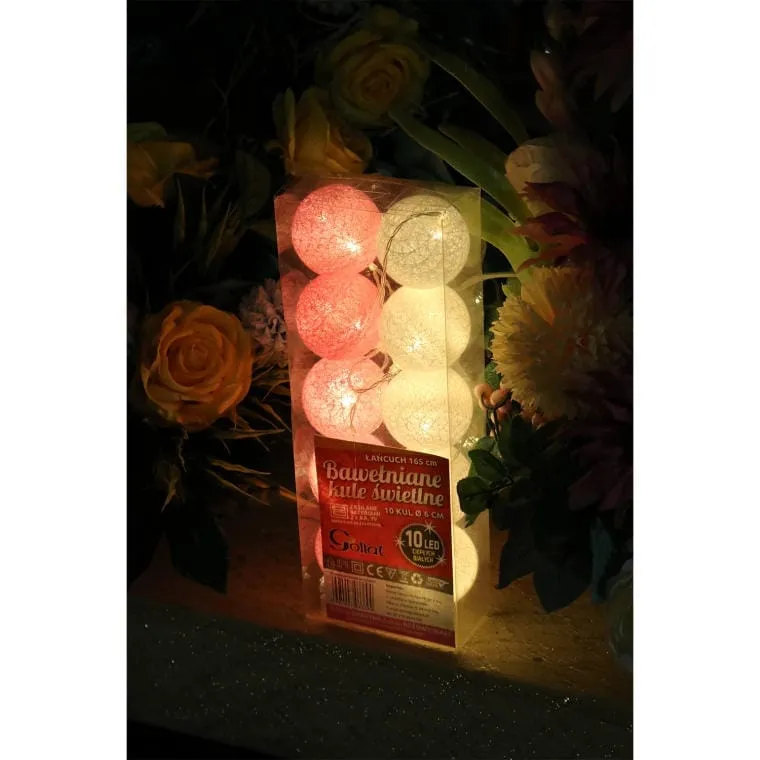 10 Bawełnianych Kul Świetlnych LED 6 cm, Różowo-Białe, Z Bateriami, Ciepłe Białe Światło