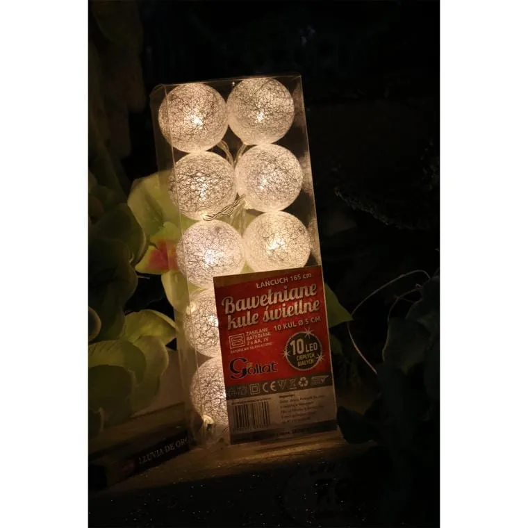 Kule Świetlne Z Bawełny Z 10 LED, 5cm, Zasilane Bateriami 2XAA, Długość Przewodu 165cm - Srebrne