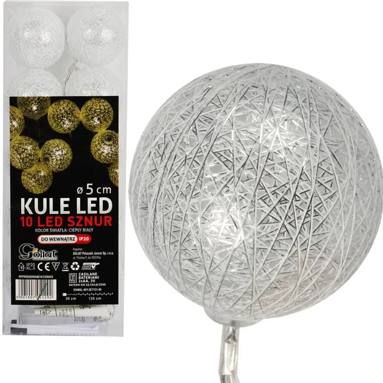Dekoracyjne Białe Lampki LED W Bawełnianych Kulach 10 szt. - Cotton Balls, Na Baterie