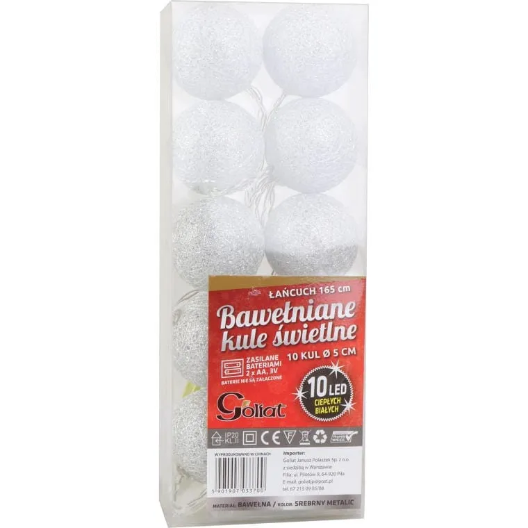 Kule Świetlne Z Bawełny Z 10 LED, 5cm, Zasilane Bateriami 2XAA, Długość Przewodu 165cm - Srebrne