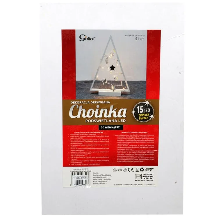 Drewniana Choinka Świąteczna Z LED 41 cm - Biała Dekoracja Świetlna Zasilana Bateriami
