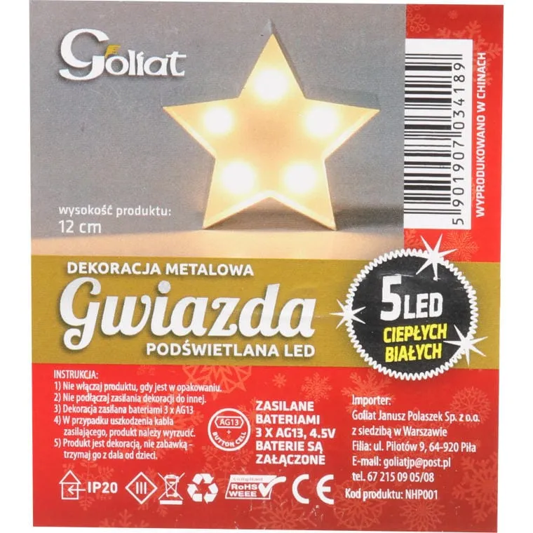 Gwiazdka 5 LED, Metalowa, Podświetlana, 12 cm