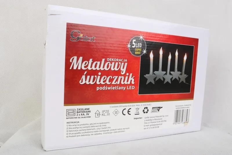Metalowy Świecznik Stojący Z 5 LED Gwiazdkami I Zasilaniem Bateryjnym - Biały