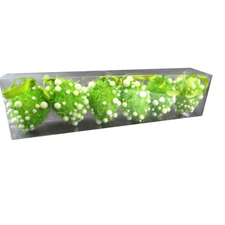 Komplet 6 Zielonych Jajek Dekoracyjnych Z Sizalu Z Białymi Kulkami W Boksie 6x4cm