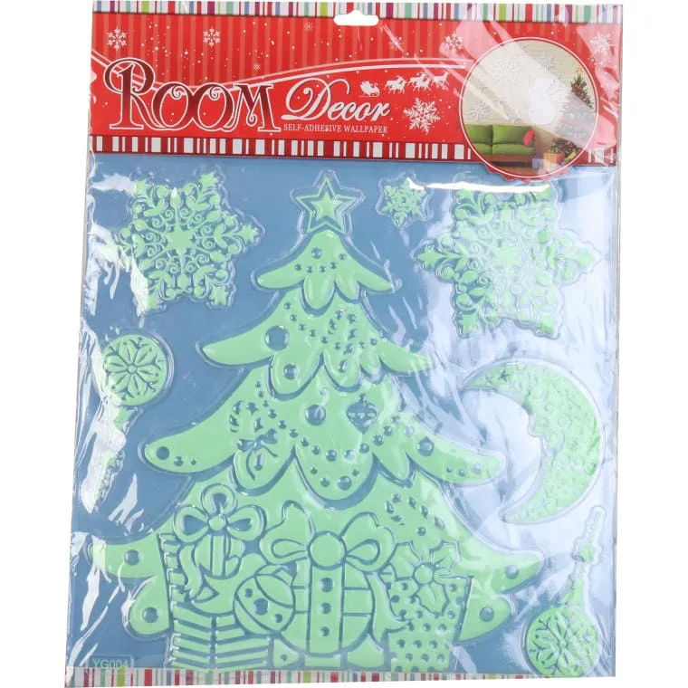 Fluorescencyjne Naklejki Na Okno Z Motywem Choinki Świecące Nocą - 40x30 cm
