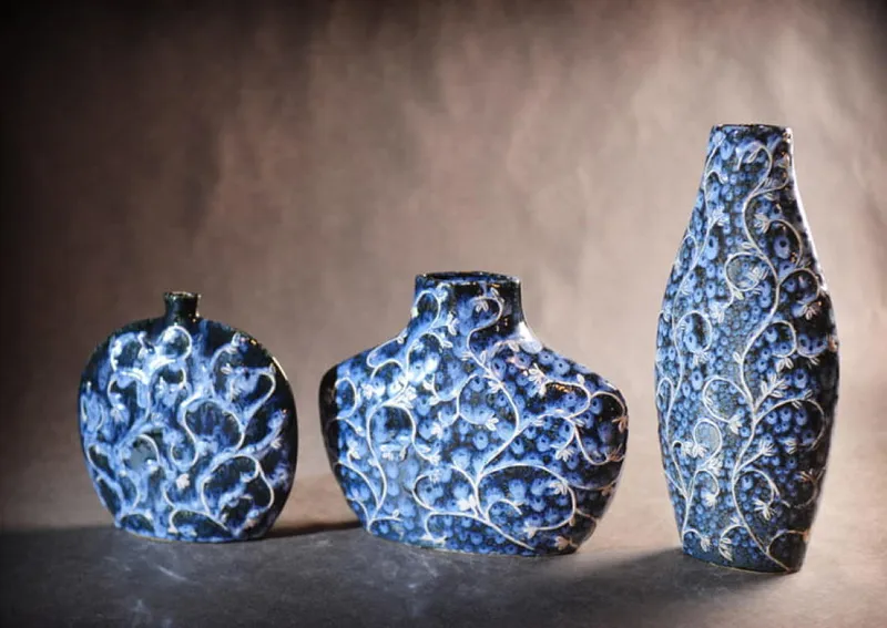 Wazon Ceramiczny Niebieski Z Białymi Gałęziami - Szeroki Model Z Kolekcji