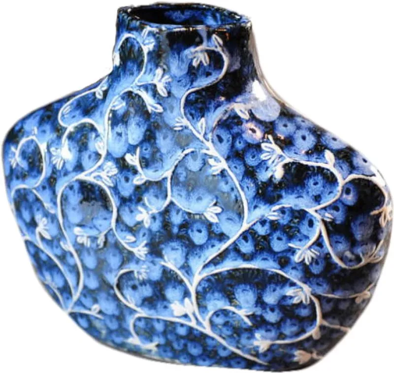 Wazon Ceramiczny Niebieski Z Białymi Gałęziami - Szeroki Model Z Kolekcji