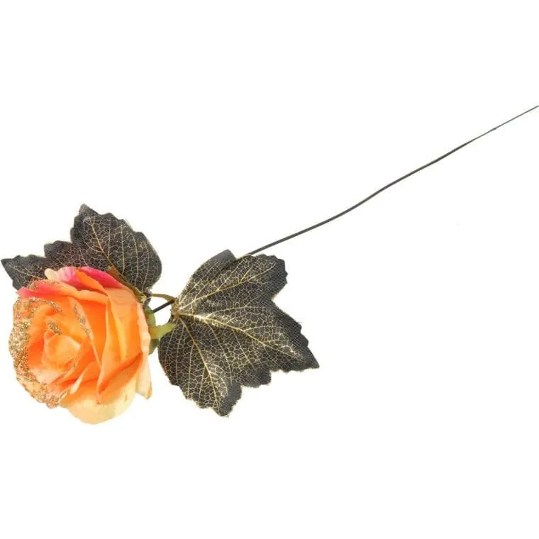 Pomarańczowa Róża Satynowa Z Złotym Brokatem - Sztuczna Kwiatowa Dekoracja O Wysokości 62 cm